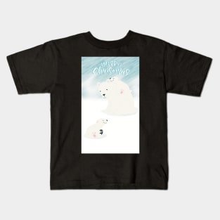 Merry Christmas with mama polarbear and her two cubs in the snowstorm Kids T-Shirt